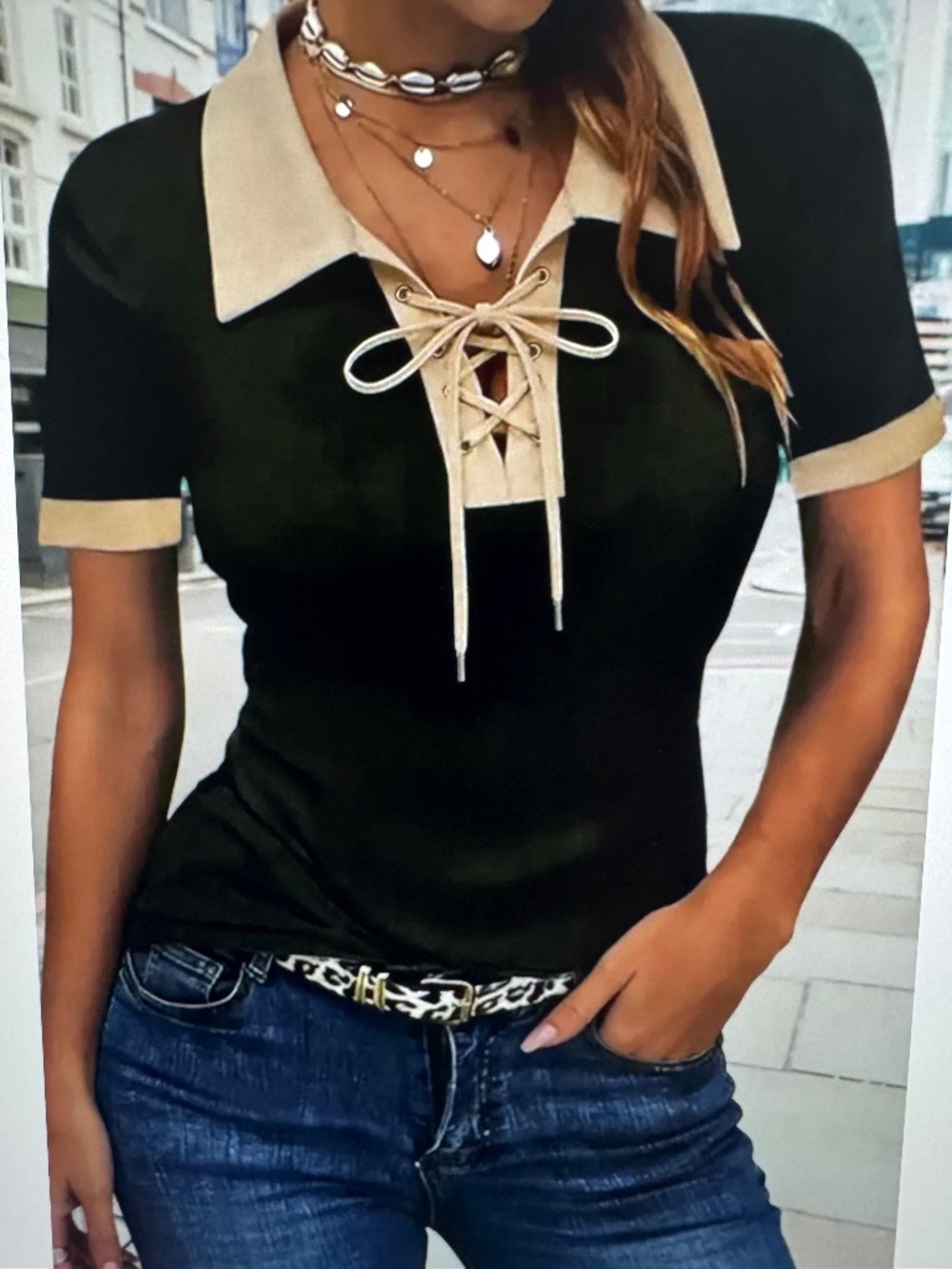 Flamingals Colorblock Criss Cross Lace Up Short Sleeve Polo Shirt Large-NWT